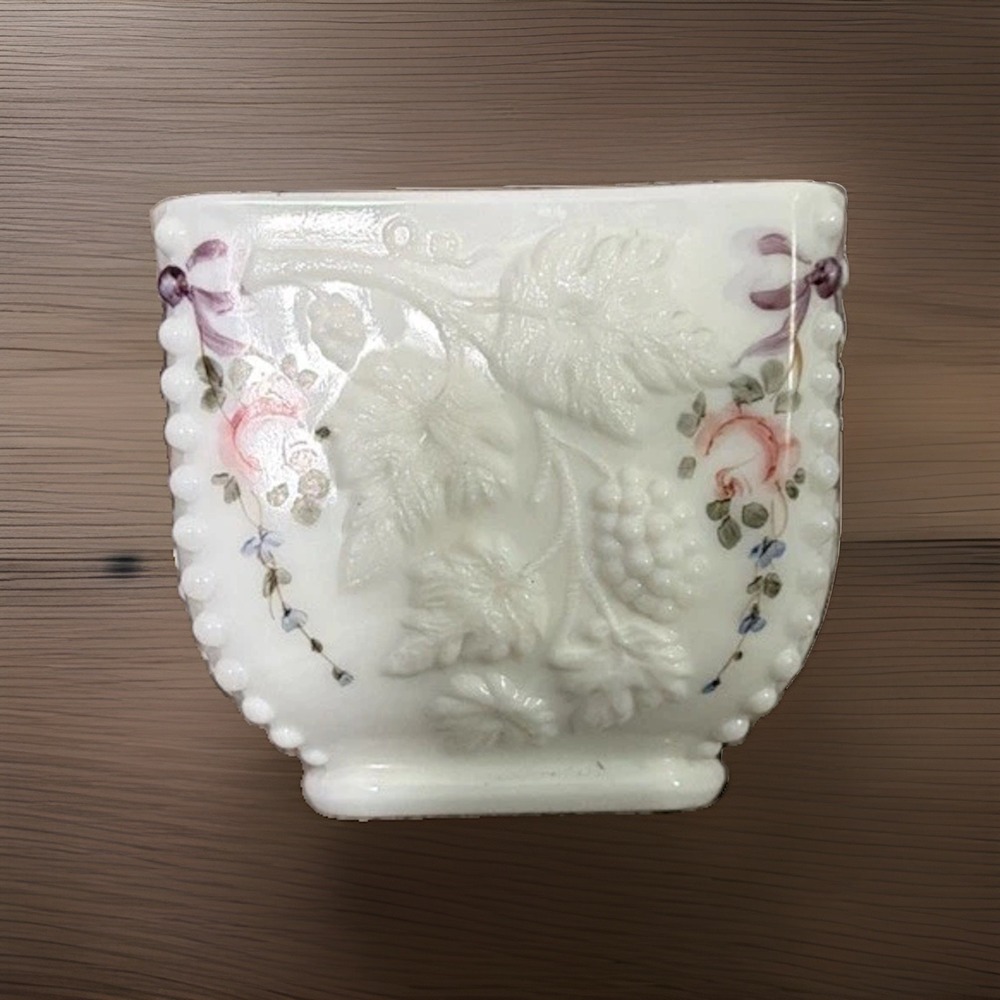 Fenton Milk Glass Grape & Leaf Planter Hand Painted Pink Roses Purple Bows 3.5in